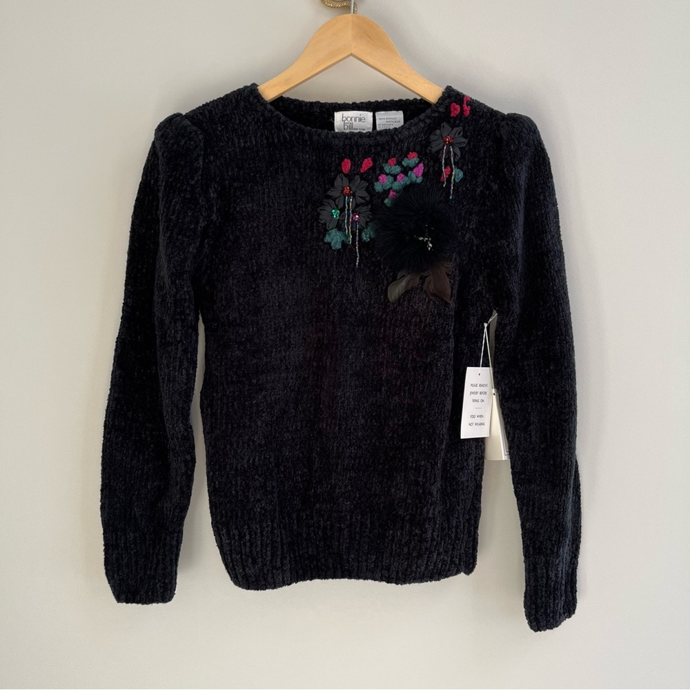 Bonnie & Bill Vintage 1980s Embellished Chenille Puff Sleeve Sweater Black S/M